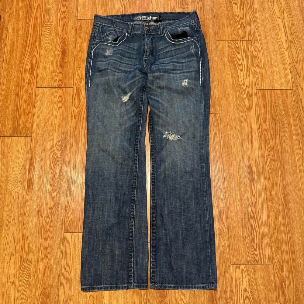 Affliction Men's Jeans 34x34 Baggy Y2K Crest Distressed Cross Blue Skater